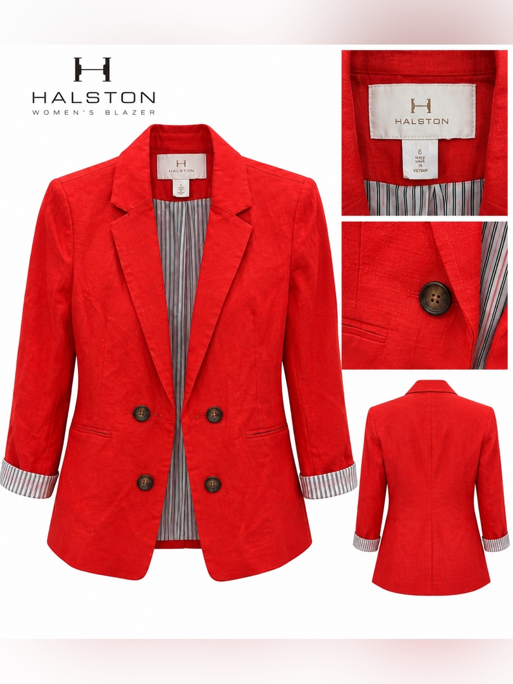 Halston Red Double-Breasted Women's Blazer with Striped Lining Large